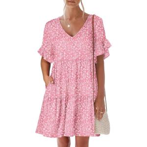 ANRABESS Dresses for Women Summer 2025 V Neck Ruffle Sleeve A Line Tiered Flowy Casual Trendy Mini Beach Dress with Pockets(Pink Floral)
