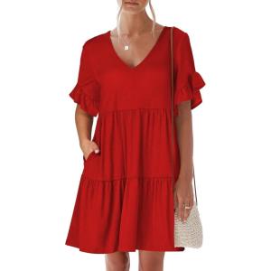 ANRABESS Dresses for Women Summer 2025 V Neck Ruffle Sleeve A Line Tiered Flowy Casual Trendy Mini Beach Dress with Pockets(Red)