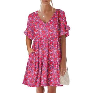ANRABESS Dresses for Women Summer 2025 V Neck Ruffle Sleeve A Line Tiered Flowy Casual Trendy Mini Beach Dress with Pockets(Red Floral)
