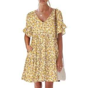 ANRABESS Dresses for Women Summer 2025 V Neck Ruffle Sleeve A Line Tiered Flowy Casual Trendy Mini Beach Dress with Pockets(Yellow Red White Floral)
