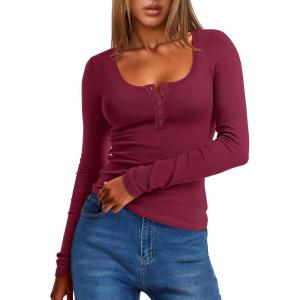 ANRABESS Long Sleeve Henley Shirts for Women Thermal Fleece Tops Knit Fitted Basic T-Shirts 2025 Fall Winter Warm Undershirts(Dark Red)