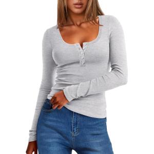 ANRABESS Long Sleeve Henley Shirts for Women Thermal Fleece Tops Knit Fitted Basic T-Shirts 2025 Fall Winter Warm Undershirts(Grey)