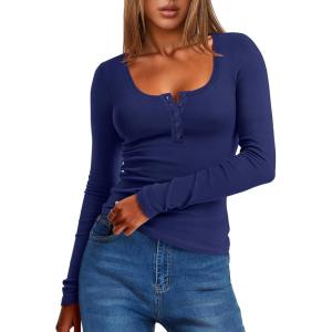 ANRABESS Long Sleeve Henley Shirts for Women Thermal Fleece Tops Knit Fitted Basic T-Shirts 2025 Fall Winter Warm Undershirts(Navy Blue)