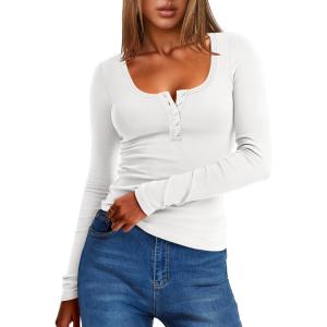 ANRABESS Long Sleeve Henley Shirts for Women Thermal Fleece Tops Knit Fitted Basic T-Shirts 2025 Fall Winter Warm Undershirts(White)