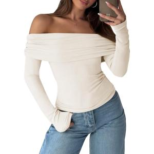 ANRABESS Long Sleeve Shirt for Women 2025 Fall Off Shoulder Slim Fit Tee Top Sexy Going Out Ruched Blouses Y2K Trendy Clothes(Almond)