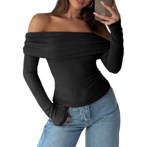 ANRABESS Long Sleeve Shirt for Women 2025 Fall Off Shoulder Slim Fit Tee Top Sexy Going Out Ruched Blouses Y2K Trendy Clothes(Black)