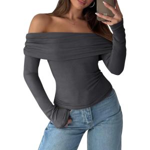 ANRABESS Long Sleeve Shirt for Women 2025 Fall Off Shoulder Slim Fit Tee Top Sexy Going Out Ruched Blouses Y2K Trendy Clothes(Dark Grey)