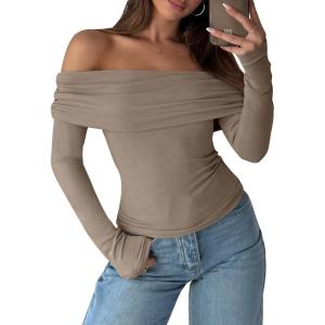 ANRABESS Long Sleeve Shirt for Women 2025 Fall Off Shoulder Slim Fit Tee Top Sexy Going Out Ruched Blouses Y2K Trendy Clothes(Dark Khaki)