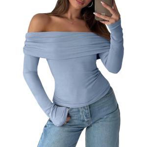 ANRABESS Long Sleeve Shirt for Women 2025 Fall Off Shoulder Slim Fit Tee Top Sexy Going Out Ruched Blouses Y2K Trendy Clothes(Grey Blue)