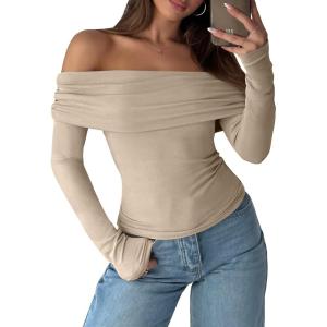ANRABESS Long Sleeve Shirt for Women 2025 Fall Off Shoulder Slim Fit Tee Top Sexy Going Out Ruched Blouses Y2K Trendy Clothes(Khaki)