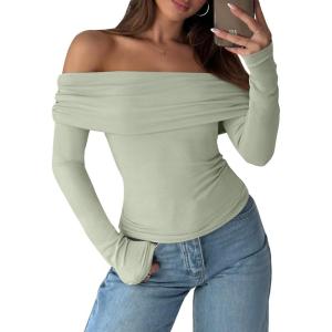 ANRABESS Long Sleeve Shirt for Women 2025 Fall Off Shoulder Slim Fit Tee Top Sexy Going Out Ruched Blouses Y2K Trendy Clothes(Light Green)