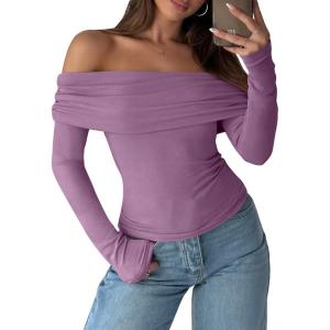 ANRABESS Long Sleeve Shirt for Women 2025 Fall Off Shoulder Slim Fit Tee Top Sexy Going Out Ruched Blouses Y2K Trendy Clothes(Purple)