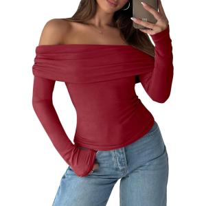 ANRABESS Long Sleeve Shirt for Women 2025 Fall Off Shoulder Slim Fit Tee Top Sexy Going Out Ruched Blouses Y2K Trendy Clothes(Red)