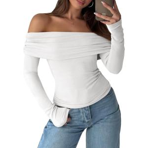ANRABESS Long Sleeve Shirt for Women 2025 Fall Off Shoulder Slim Fit Tee Top Sexy Going Out Ruched Blouses Y2K Trendy Clothes(White)
