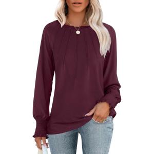 ANRABESS Long Sleeve Shirts for Women 2025 Fall Dressy Casual Tops Pleated Crewneck Loose Basic Blouses Fashion(Burgundy)