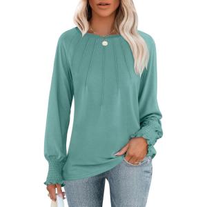 ANRABESS Long Sleeve Shirts for Women 2025 Fall Dressy Casual Tops Pleated Crewneck Loose Basic Blouses Fashion(Cadet Blue)