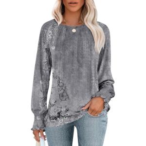 ANRABESS Long Sleeve Shirts for Women 2025 Fall Dressy Casual Tops Pleated Crewneck Loose Basic Blouses Fashion(Floral Grey)