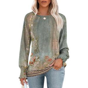 ANRABESS Long Sleeve Shirts for Women 2025 Fall Dressy Casual Tops Pleated Crewneck Loose Basic Blouses Fashion(Floral Print)