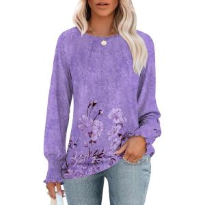ANRABESS Long Sleeve Shirts for Women 2025 Fall Dressy Casual Tops Pleated Crewneck Loose Basic Blouses Fashion(Floral Purple)