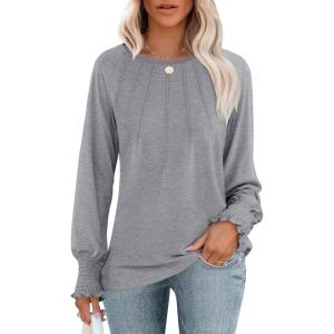 ANRABESS Long Sleeve Shirts for Women 2025 Fall Dressy Casual Tops Pleated Crewneck Loose Basic Blouses Fashion(Grey)