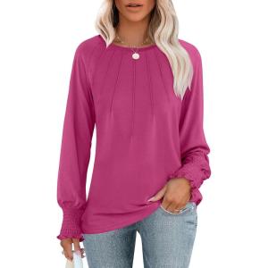 ANRABESS Long Sleeve Shirts for Women 2025 Fall Dressy Casual Tops Pleated Crewneck Loose Basic Blouses Fashion(Hot Pink)