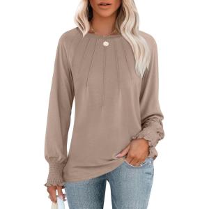 ANRABESS Long Sleeve Shirts for Women 2025 Fall Dressy Casual Tops Pleated Crewneck Loose Basic Blouses Fashion(Khaki)