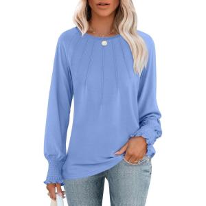 ANRABESS Long Sleeve Shirts for Women 2025 Fall Dressy Casual Tops Pleated Crewneck Loose Basic Blouses Fashion(Light Blue)