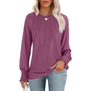 ANRABESS Long Sleeve Shirts for Women 2025 Fall Dressy Casual Tops Pleated Crewneck Loose Basic Blouses Fashion(Mauve)
