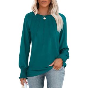 ANRABESS Long Sleeve Shirts for Women 2025 Fall Dressy Casual Tops Pleated Crewneck Loose Basic Blouses Fashion(Midnight Green)