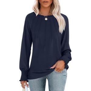 ANRABESS Long Sleeve Shirts for Women 2025 Fall Dressy Casual Tops Pleated Crewneck Loose Basic Blouses Fashion(Navy Blue)