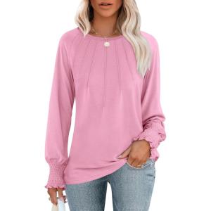 ANRABESS Long Sleeve Shirts for Women 2025 Fall Dressy Casual Tops Pleated Crewneck Loose Basic Blouses Fashion(Pink)