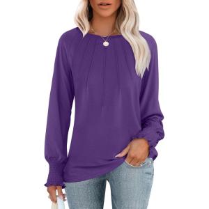 ANRABESS Long Sleeve Shirts for Women 2025 Fall Dressy Casual Tops Pleated Crewneck Loose Basic Blouses Fashion(Purple)