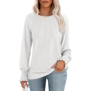 ANRABESS Long Sleeve Shirts for Women 2025 Fall Dressy Casual Tops Pleated Crewneck Loose Basic Blouses Fashion(White)