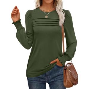 ANRABESS Long Sleeve Shirts for Women Fall Fashion 2025 Dressy Casual Blouses Trendy Pleated Tunic Tops Outfits(Army Green)