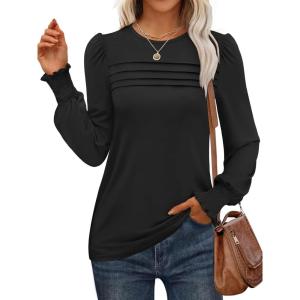 ANRABESS Long Sleeve Shirts for Women Fall Fashion 2025 Dressy Casual Blouses Trendy Pleated Tunic Tops Outfits(Black)