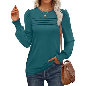 ANRABESS Long Sleeve Shirts for Women Fall Fashion 2025 Dressy Casual Blouses Trendy Pleated Tunic Tops Outfits(Blue Green)