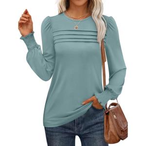 ANRABESS Long Sleeve Shirts for Women Fall Fashion 2025 Dressy Casual Blouses Trendy Pleated Tunic Tops Outfits(Green Blue)