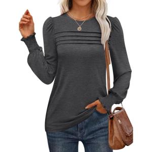 ANRABESS Long Sleeve Shirts for Women Fall Fashion 2025 Dressy Casual Blouses Trendy Pleated Tunic Tops Outfits(Grey)