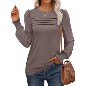 ANRABESS Long Sleeve Shirts for Women Fall Fashion 2025 Dressy Casual Blouses Trendy Pleated Tunic Tops Outfits(Khaki)