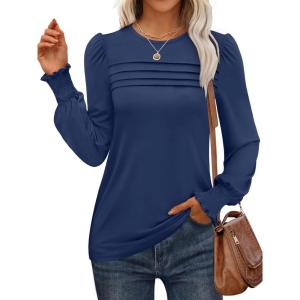 ANRABESS Long Sleeve Shirts for Women Fall Fashion 2025 Dressy Casual Blouses Trendy Pleated Tunic Tops Outfits(Navy Blue)