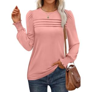 ANRABESS Long Sleeve Shirts for Women Fall Fashion 2025 Dressy Casual Blouses Trendy Pleated Tunic Tops Outfits(Pink)