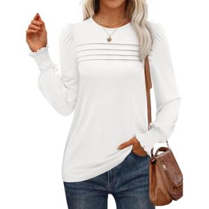 ANRABESS Long Sleeve Shirts for Women Fall Fashion 2025 Dressy Casual Blouses Trendy Pleated Tunic Tops Outfits(White)