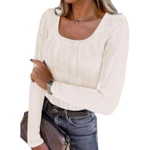 ANRABESS Long Sleeve Shirts for Women Scoop Neck Tops 2025 Fall Trendy Casual Knit Slim Fit Textured Blouses(Beige)