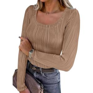 ANRABESS Long Sleeve Shirts for Women Scoop Neck Tops 2025 Fall Trendy Casual Knit Slim Fit Textured Blouses(Khaki)