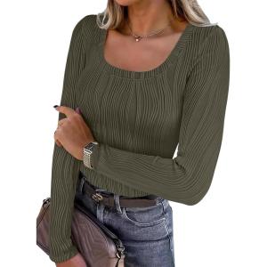 ANRABESS Long Sleeve Shirts for Women Scoop Neck Tops 2025 Fall Trendy Casual Knit Slim Fit Textured Blouses(Olive)