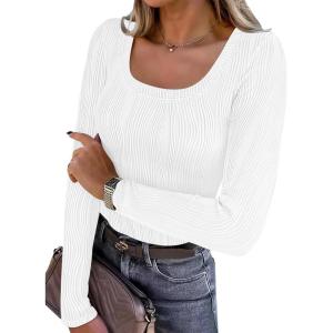 ANRABESS Long Sleeve Shirts for Women Scoop Neck Tops 2025 Fall Trendy Casual Knit Slim Fit Textured Blouses(White)