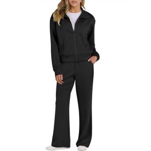 ANRABESS Lounge Sets for Women 2 Piece Outfits Sweatsuit Fall Zip Up Sweatshirts Wide Leg Pants Matching Sweat Set Tracksuit(Black)