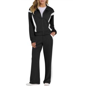 ANRABESS Lounge Sets for Women 2 Piece Outfits Sweatsuit Fall Zip Up Sweatshirts Wide Leg Pants Matching Sweat Set Tracksuit(Black White Stripe)