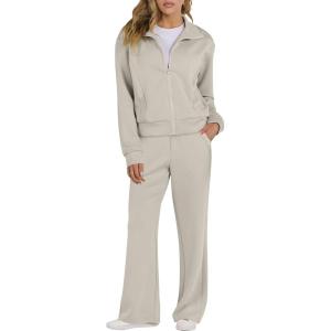 ANRABESS Lounge Sets for Women 2 Piece Outfits Sweatsuit Fall Zip Up Sweatshirts Wide Leg Pants Matching Sweat Set Tracksuit(Light Khaki)