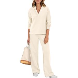 ANRABESS Lounge Sets for Women 2 Piece Outfits Sweatsuit Set Fall V Neck Sweatshirts Wide Leg Pants Tracksuits(Almond)